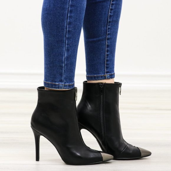 Pointy Toe Ankle Black Boots Faux Leather - Picture 11 of 14